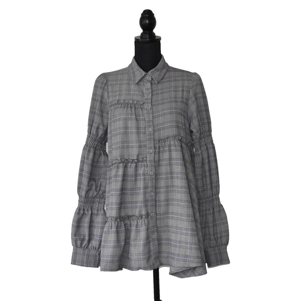 A5 NEW JOUETIE Grey Plaid Ruffle Button Down Shirt Blouse Size M